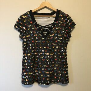 Zoe Retro Floral Mesh Lace Up Tee T-Shirt Top Medium